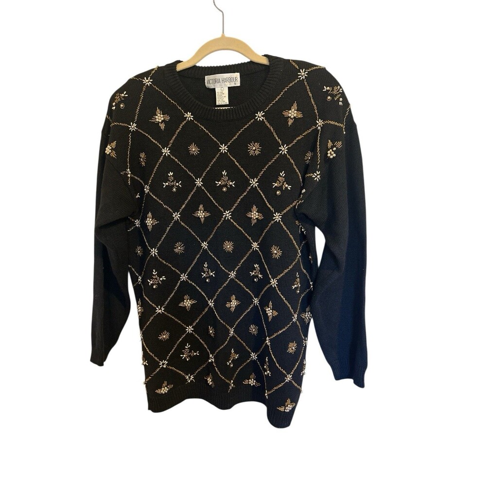 Vintage Victoria Harbour Black Sweater w/ Gold Embellishments Beaded Large